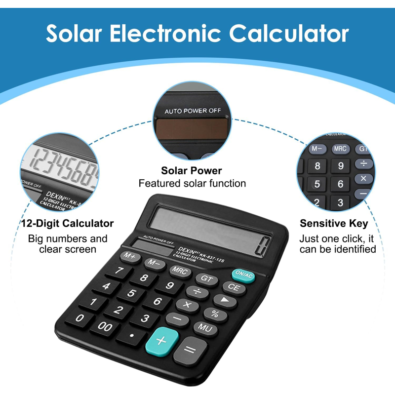 Office Calculator with 12 Digit LCD Display Solar Battery Dual Power Black