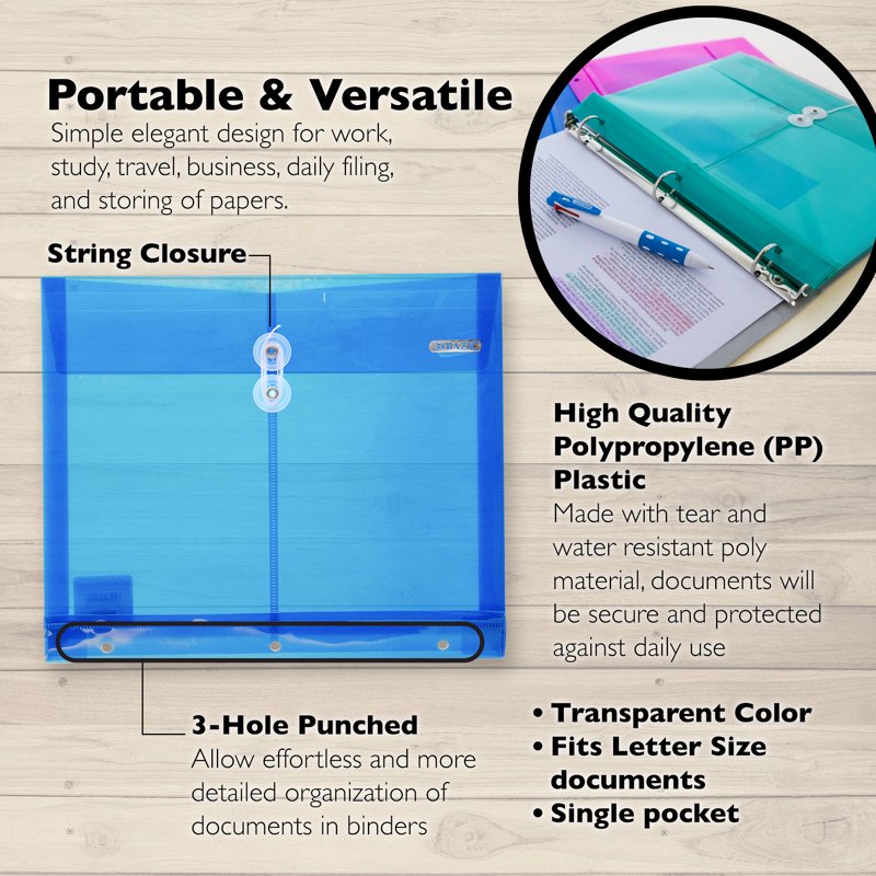Poly Envelope Binder Pockets with 3-Hole Punch, Clear Document Folders 5-Pack
