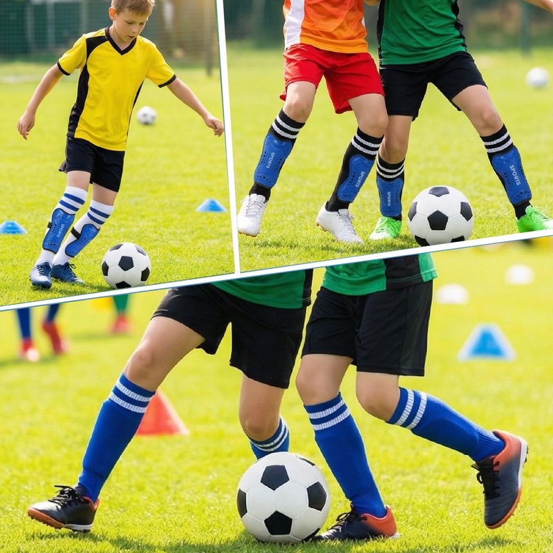 Kids Soccer Shin Guards Set with 3 Socks - Adjustable Lightweight Protective Gear (Blue / Black / White)