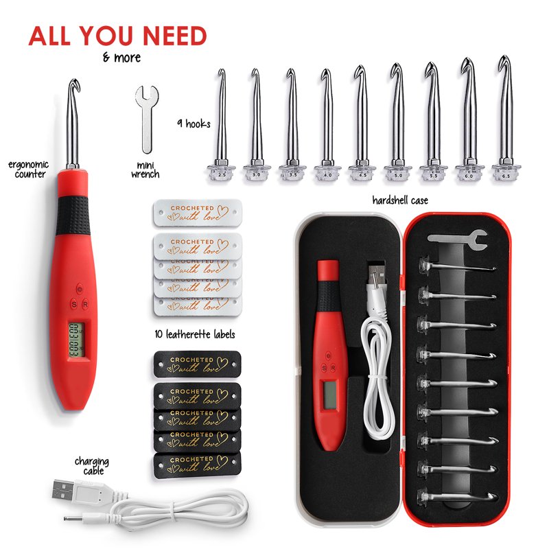 Digital Crochet Hook Set with Lighted Counters and Accessories - 23 Pieces