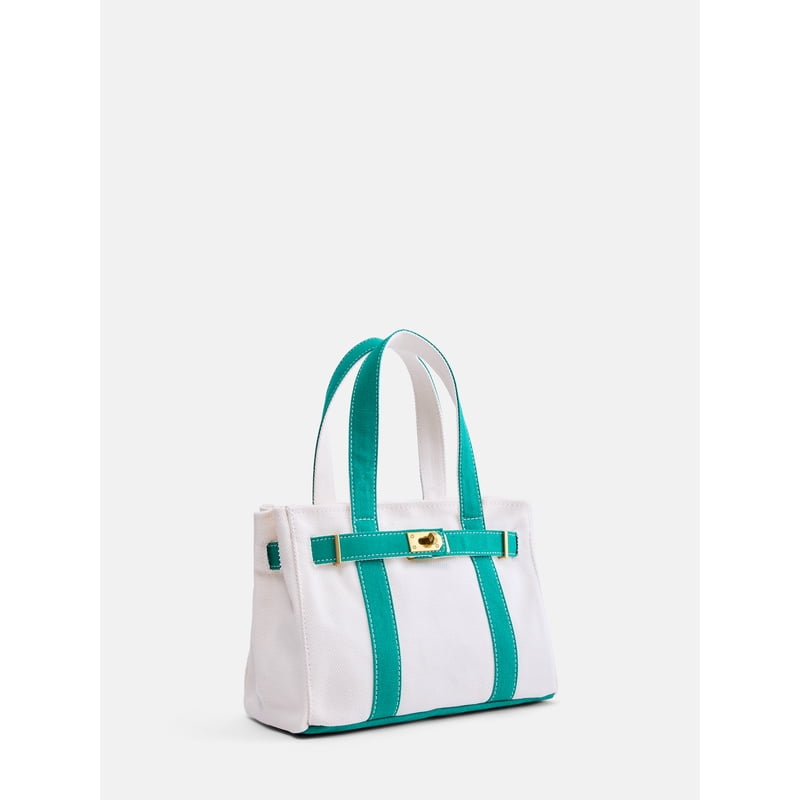Women's Small Canvas Tote Handbag with Front Buckle - Natural & Green