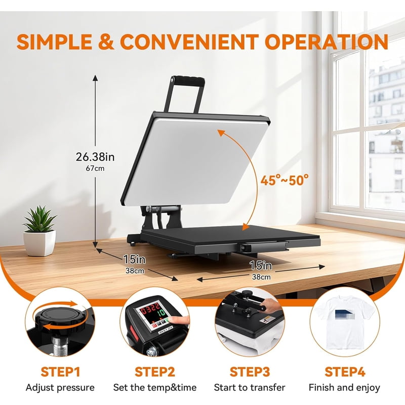 15x15 Clamshell Heat Press Machine with Slide-Out Design for Sublimation Transfers