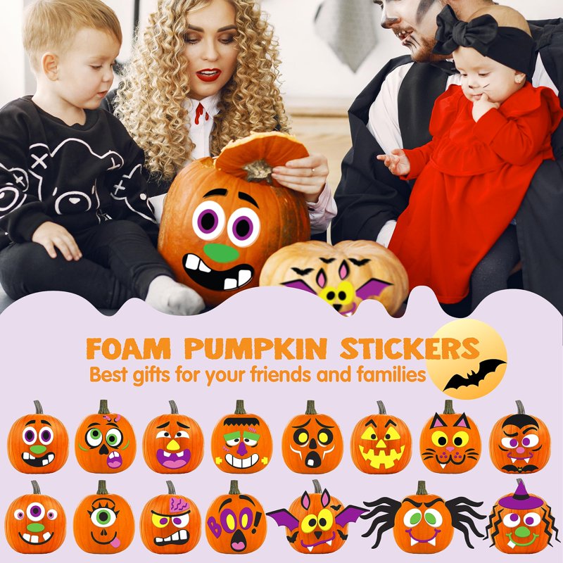 Halloween Pumpkin Foam Stickers Craft Kit - 16 Designs, 18 Sheets Kids Party Favors