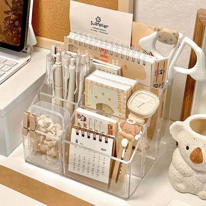Acrylic Pen Organizer Storage Box - Translucent Desktop Office & Makeup Supplies