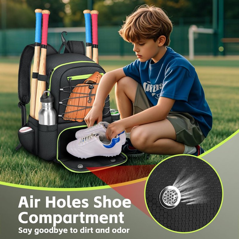 Youth Baseball Backpack with 4 Bats Holder, Shoe Compartment & Fence Hook