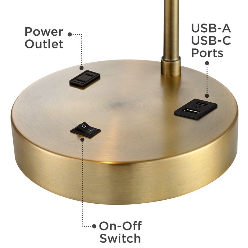 Modern Desk Lamp with USB Charging Port - Antique Gold & Linen Shade