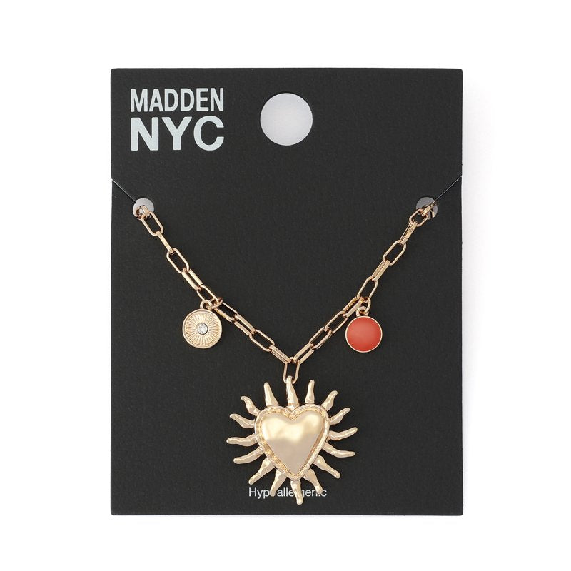 Women's Red Heart Sun Charm Bib Necklace - Adjustable Gold Tone Jewelry