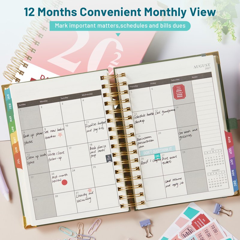 2027 Daily & Monthly Planner with Ruler and Tabs, Spiral Hardcover Calendar Book
