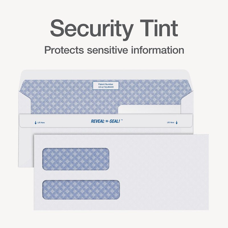 Security Tinted #10 Double Window Envelopes - 4 1/8 x 9 1/2, White, Pack of 500