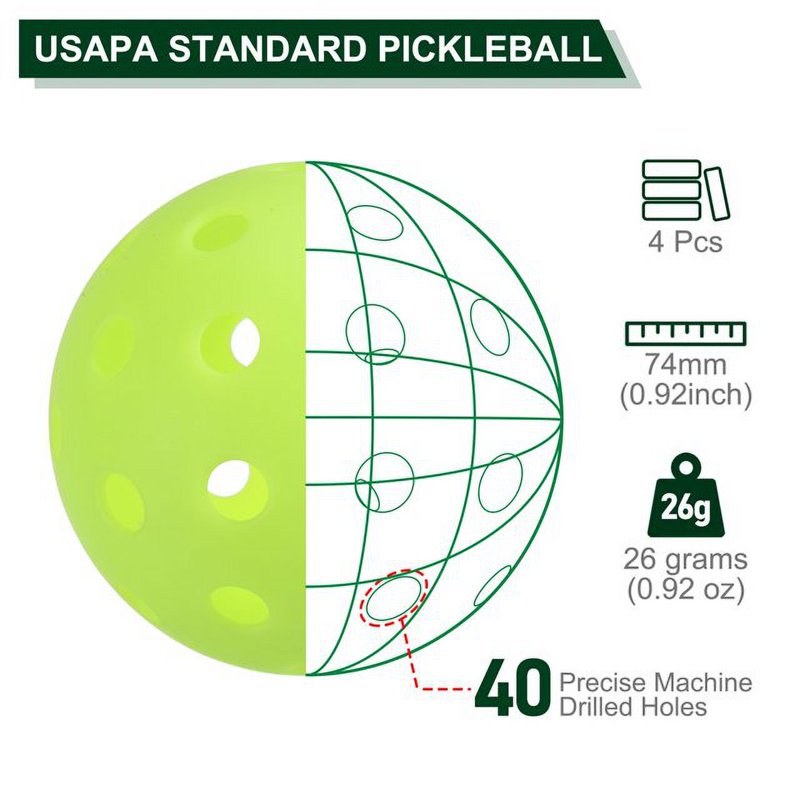 Innotech 4 Pack 40-Hole Pickleball Balls, Green - Official Size, Durable Outdoor Balls