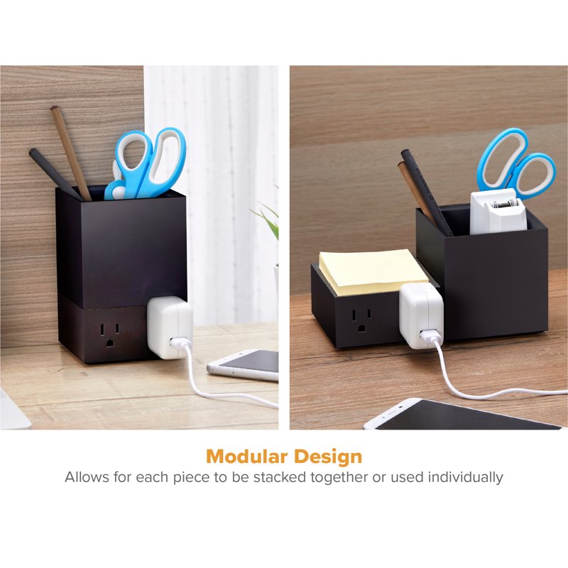 Desktop Power Outlet & Pencil Organizer Kit - 2 Outlets, Storage Tray, Black