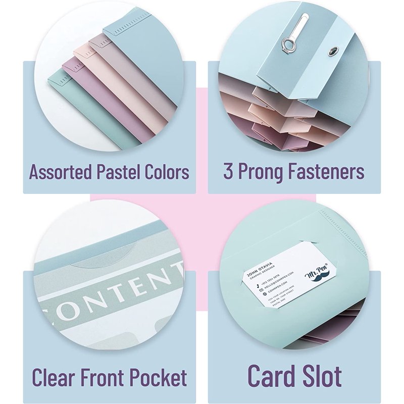 Plastic Pocket Folders Set with Clear Front Pockets - 5 Assorted Colors, 11.4 x 9.3 Inches