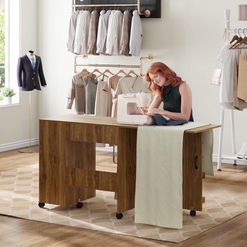 Foldable Sewing Machine Table with Storage Shelves and Lockable Wheels