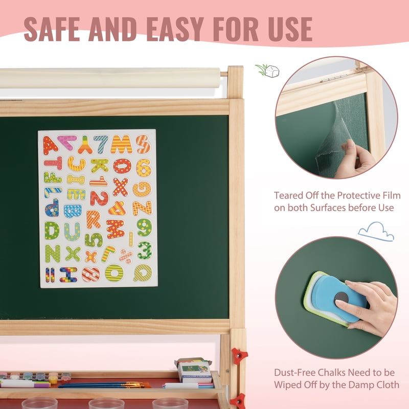 Adjustable Wooden Kids Art Easel with Paper Roll & Magnetic Whiteboard for Toddlers