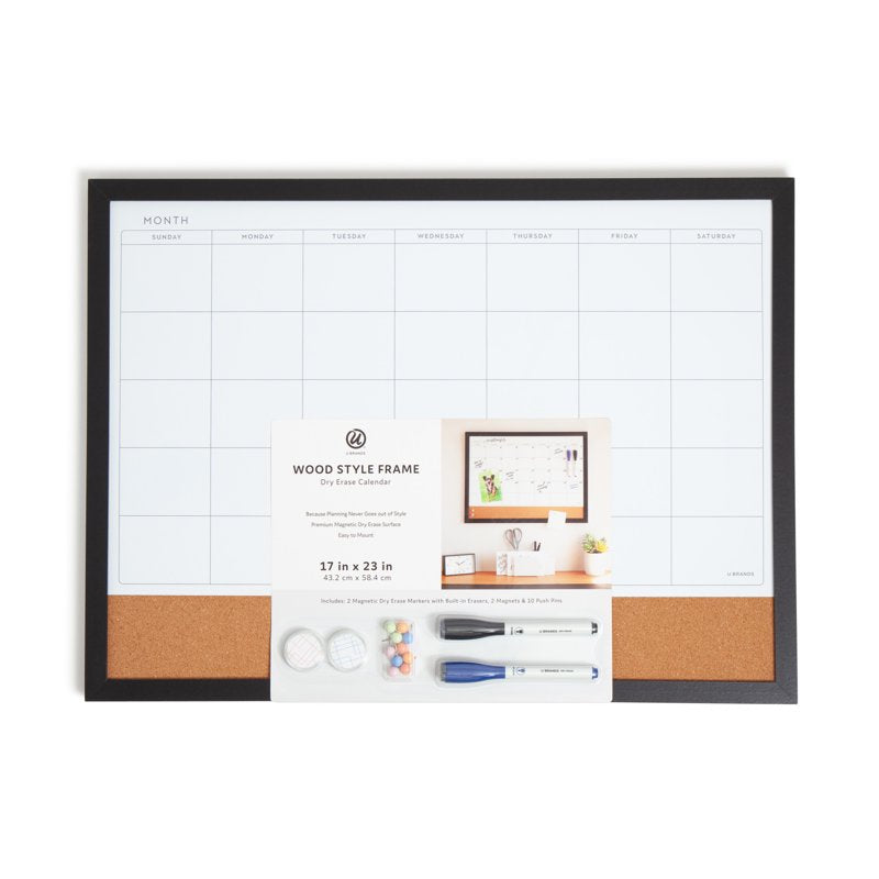 Magnetic Dry Erase Calendar Board 23x17 Inch with Black Wood Frame