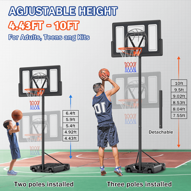 44-Inch Portable Adjustable Basketball Hoop System - Outdoor 4.4-10ft Height with PC Backboard