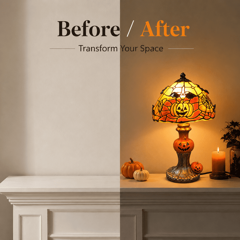 Halloween Pumpkin Table Lamp with Bat and Spider Web Shade - Indoor Decorative Light
