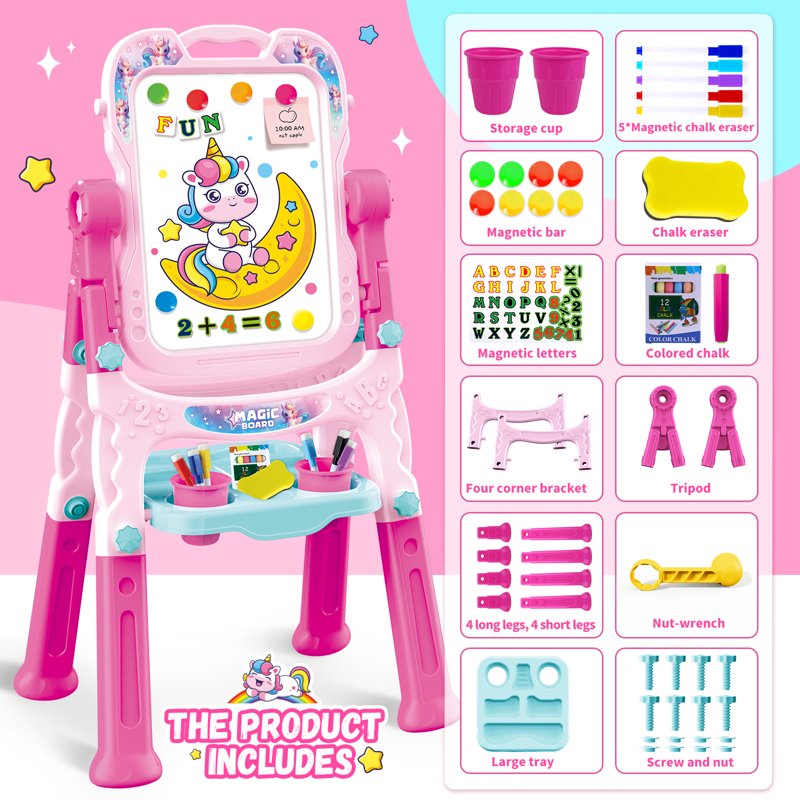 Kids Art Easel with Magnetic Whiteboard and Chalkboard - Adjustable Double-Sided Toddler Learning Toy