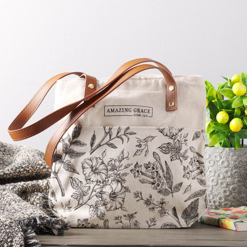 Canvas Tote Bag with Scripture Amazing Grace 2 Corinthians 12:9 for Women