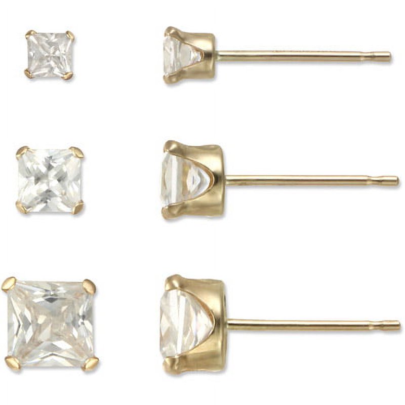 10kt Yellow Gold Square Cubic Zirconia Stud Earrings Set - 3 Sizes