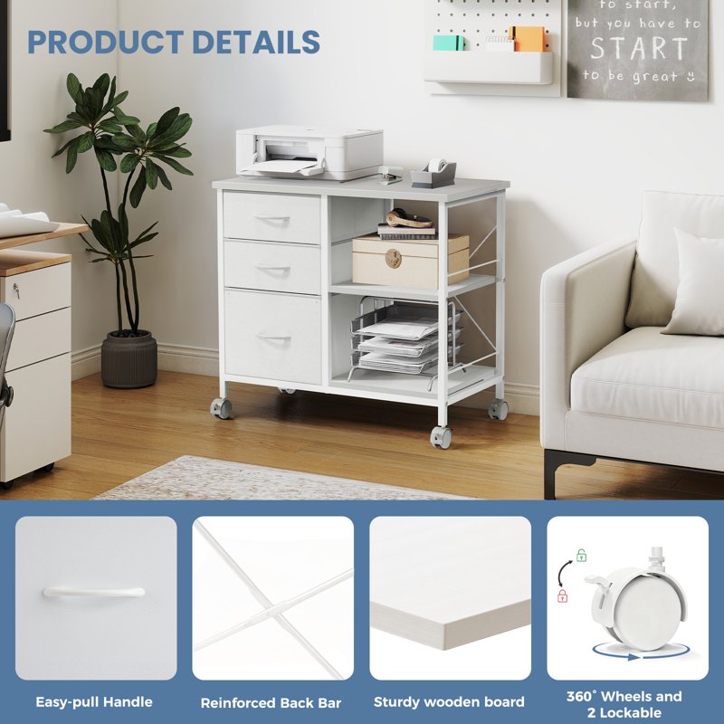 Mobile File Cabinet with 3 Fabric Drawers & Open Shelf - Office Storage