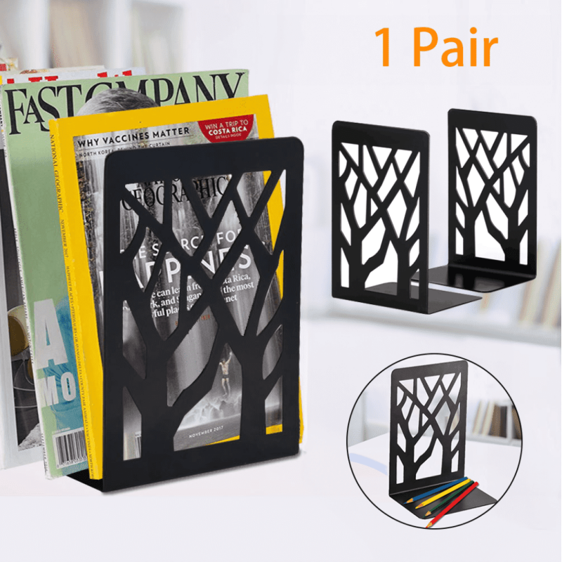 Heavy Duty Metal Book Ends - Tree Design Black Bookends for Shelves, 2 Pack