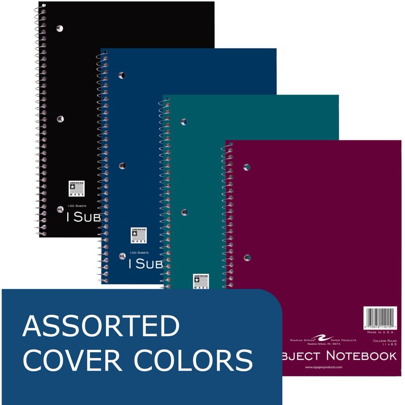 College Ruled One-Subject Spiral Notebook - 8.5 x 11 Inches, 100 Sheets, Assorted Bright Covers