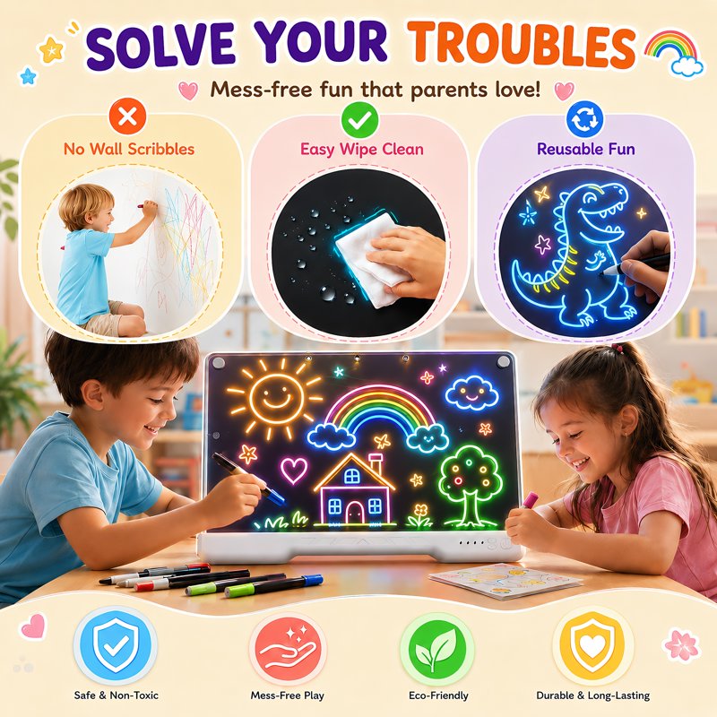 LED Drawing Board 16 Inch Light-Up Acrylic Message Board with 10 Color Modes
