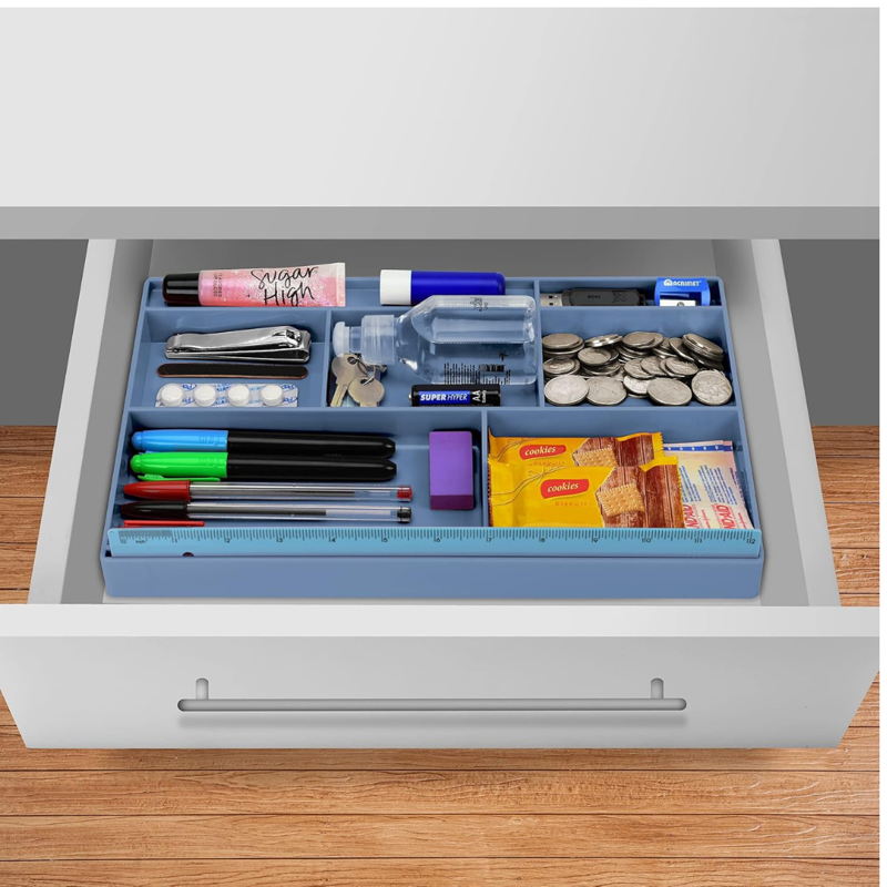 Multi-Purpose Desk Drawer Organizer Tray with 8 Compartments - Blue Plastic