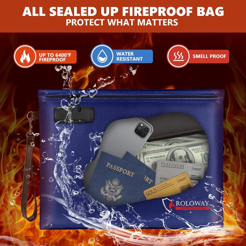 Fireproof Document and Money Bag with Lock - Waterproof, Smell Proof, 6400°F Safe