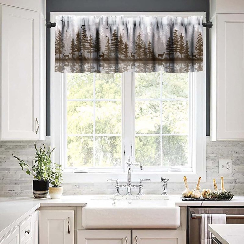Rustic Farmhouse Pine Tree Valance Curtain - Blackout Short Window Drape for Kitchen & Living Room 54x18in