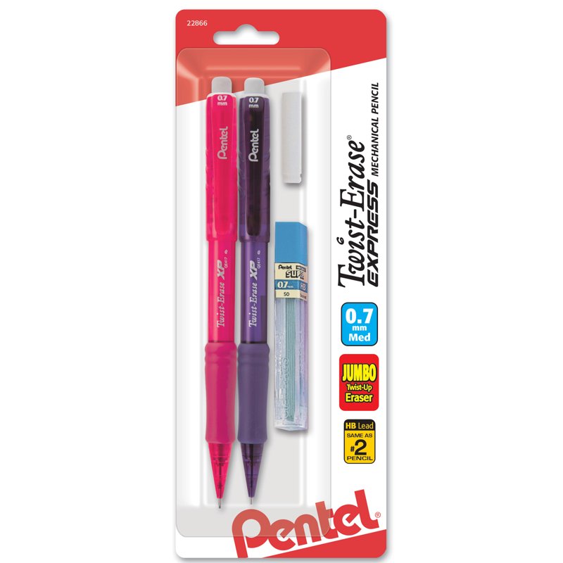 Mechanical Pencil Set with Eraser and Lead - 0.7mm, 2 Pack