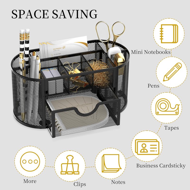 Small Mesh Desk Organizer with Drawers, 9 Compartments for Office and Makeup
