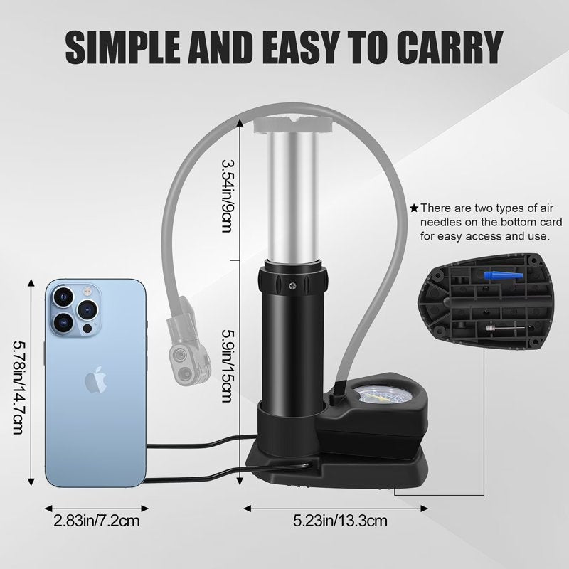 Portable Foot Pump with Gauge - 160 PSI Bike, Tire, Ball & Inflatables Inflator