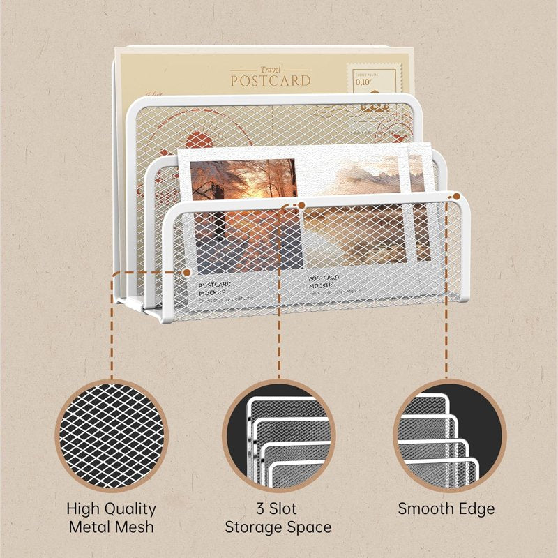 Mesh Metal Mail Organizer with 3 Slots - Desktop File Holder for Office & Home
