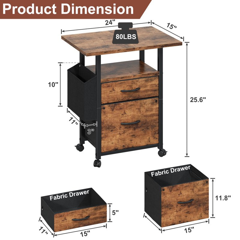 2-Drawer Rolling File Cabinet with Large 24 Inch Tabletop for Home Office