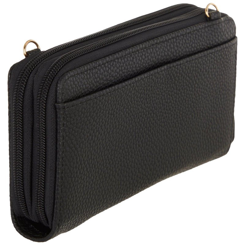RFID Blocking Double Zip Organizer Vegan Leather Travel Wallet with Detachable Strap