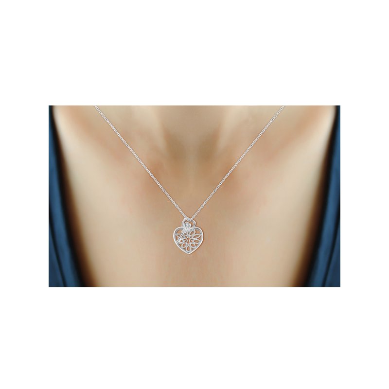 Sterling Silver Heart Pendant with Key and White Diamond Accents