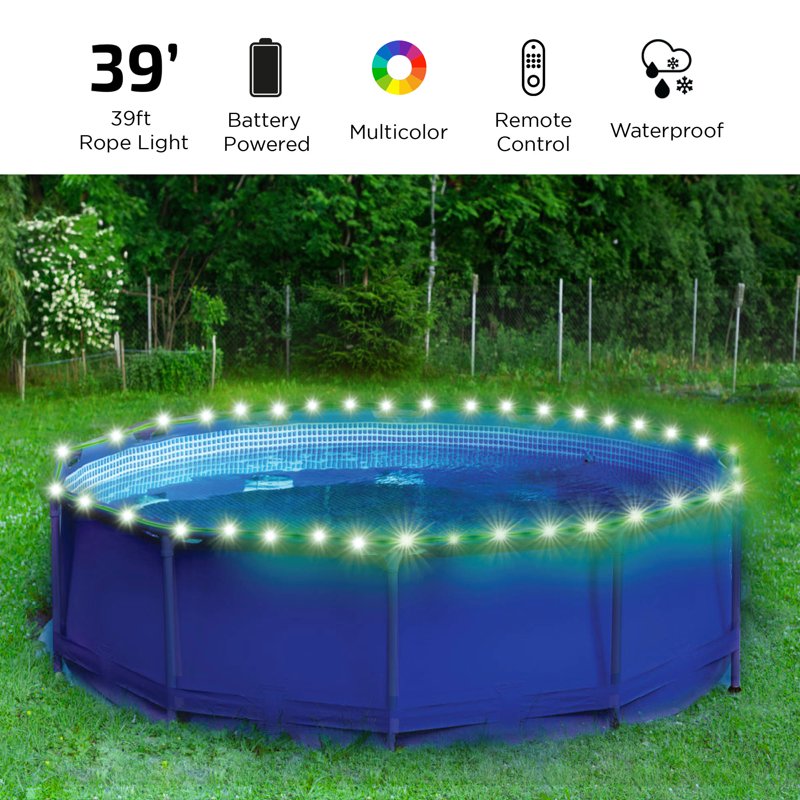 RGB LED Rope Lights for Above-Ground Pools 39ft Remote Control Multi-Color