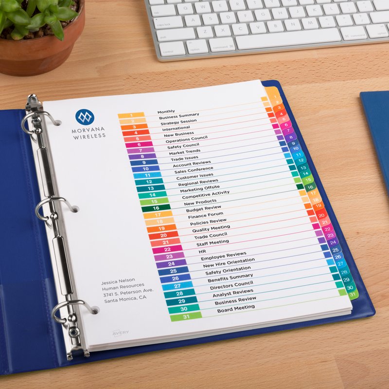 Office Binder Dividers with Tabs and Printable Table of Contents - 6 Sets of 31
