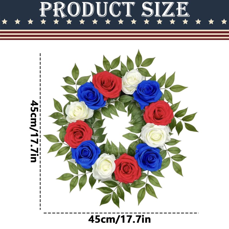 Patriotic Artificial Rose Wreath for 4th of July and Holiday Decor - Red White Blue Floral Front Door Wreath