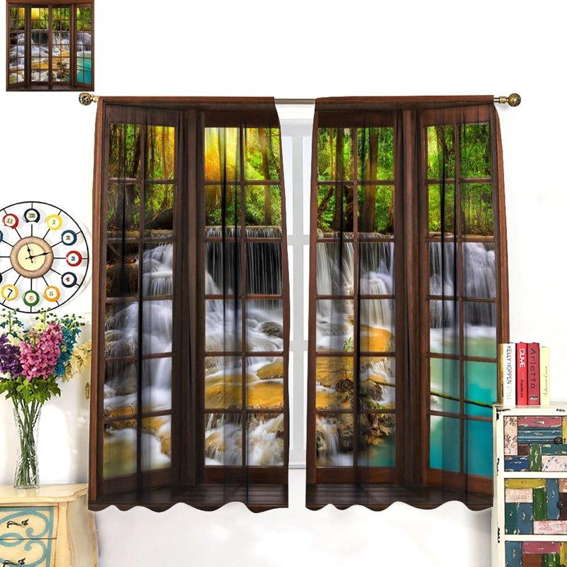 Rustic Forest Landscape Waterfall Curtains - Soundproof Window Drapes for Bedroom & Living Room