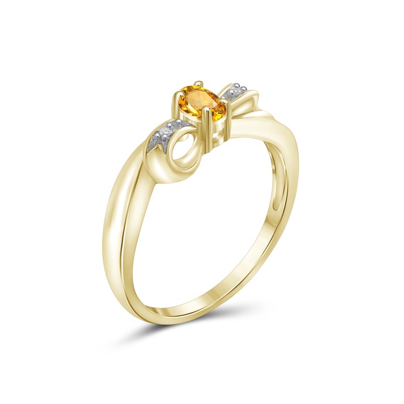 Genuine Citrine Ring with White Diamond Accents - 14K Gold Plated Silver Birthstone Jewelry for Women