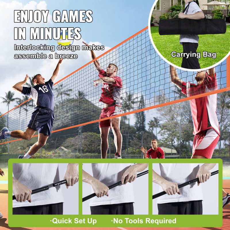 Portable Volleyball Net Set 14x14ft with Steel Poles & Carrying Bag - Backyard & Beach Game Equipment