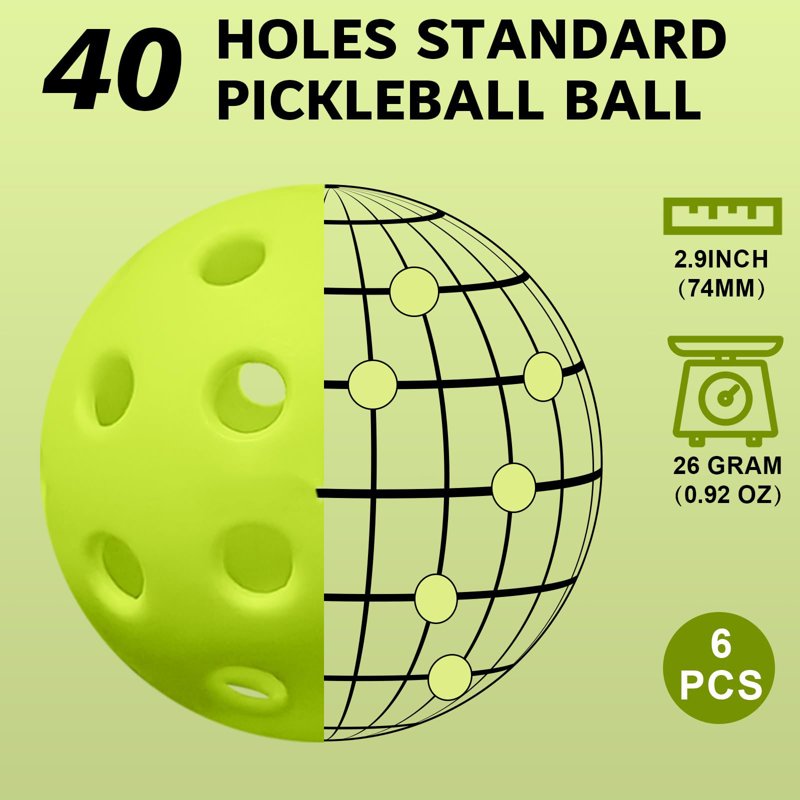 Premium 6-Pack Pickleball Balls – 40-Hole Tournament-Grade Indoor/Outdoor with Carry Bag