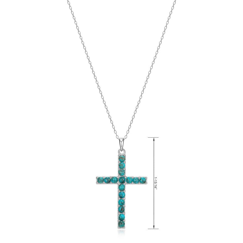 Sterling Silver Turquoise Cross Necklace for Women - Platinum Over Silver, 18 Inch Chain