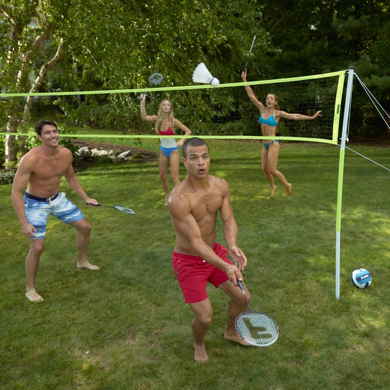 Outdoor Badminton and Volleyball Combo Set - Adjustable Net, 4 Rackets, Volleyball