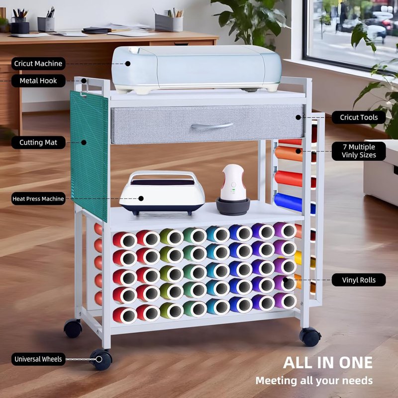 Rolling Craft Storage Cart with Vinyl Roll Holders for Cricut Machines - Black or White