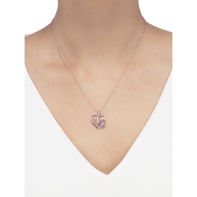 Sterling Silver Rose Gold Plated Mom Heart Pendant with Amethyst Butterfly - 18 Inch Chain