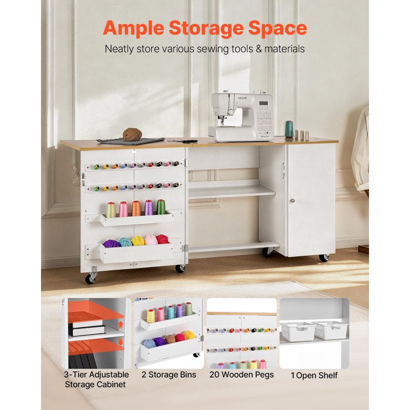 Foldable Sewing Table with Storage & Power Outlets - Multipurpose Craft Desk